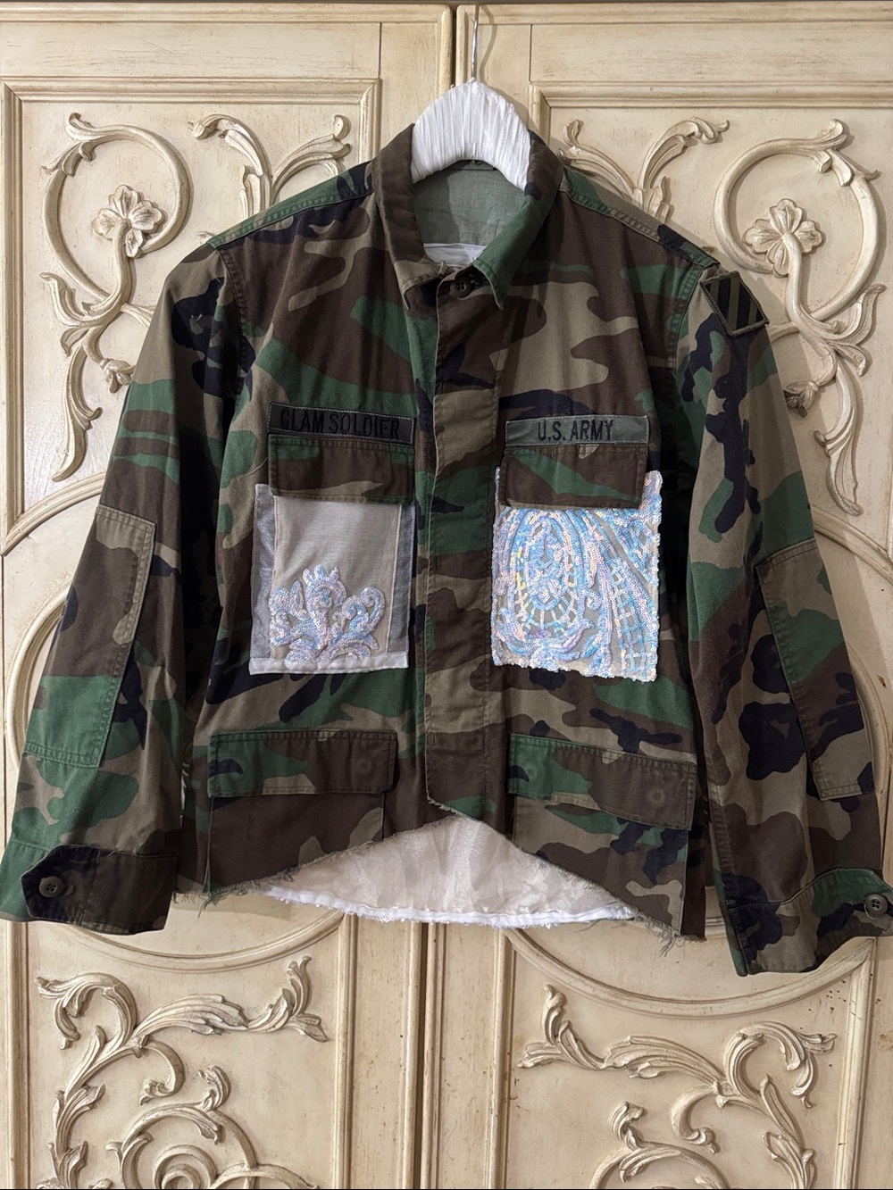 U.S. Army Camouflage Jacket with Sequin Floral Patch Accents Size Medium